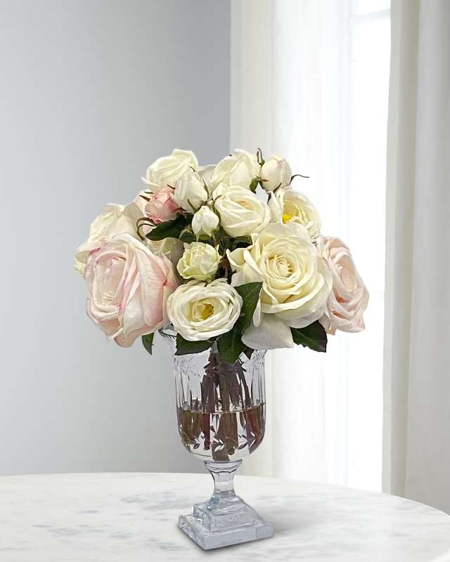 Rose Mix 14" Faux Floral Arrangement in Glass Pedestal Vase